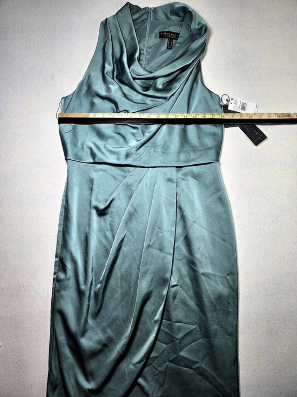 Aidan Mattox by Adrianna Papell Green Slate Satin Cowl Neck Pleated Sheath 12